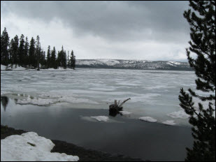 Picture of Lewis Lake still partly frozen.