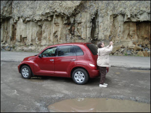 Picture of scenery, pat and rental car.